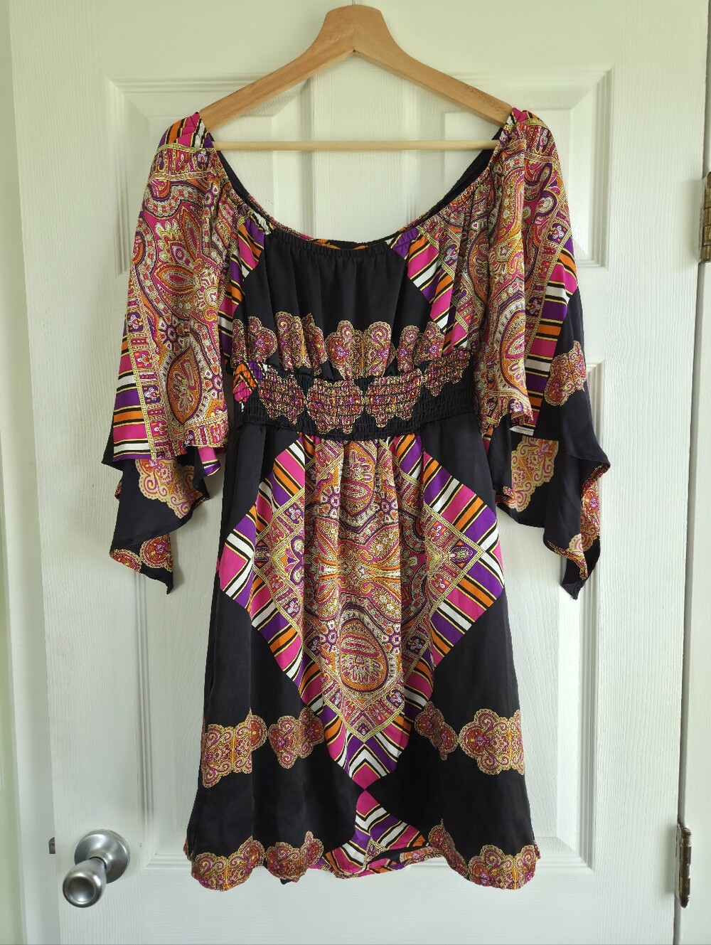 Vintage!!! Women's Boho Silk Black Dress with Pink & Gold Paisley Print Size M
